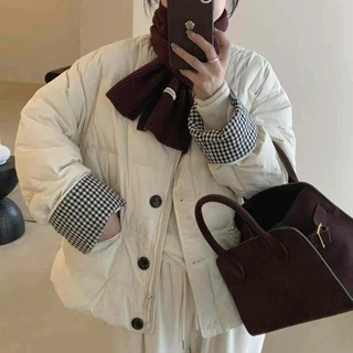 韩国东大门2025短款立领棉服女格子撞色高级感小个子围脖毛领外套