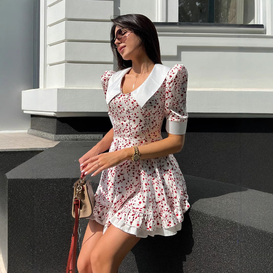 V-neck Printed Dress For Women, European And American Summer New Style, Bubble Sleeve Short Skirt_ecoleips.com