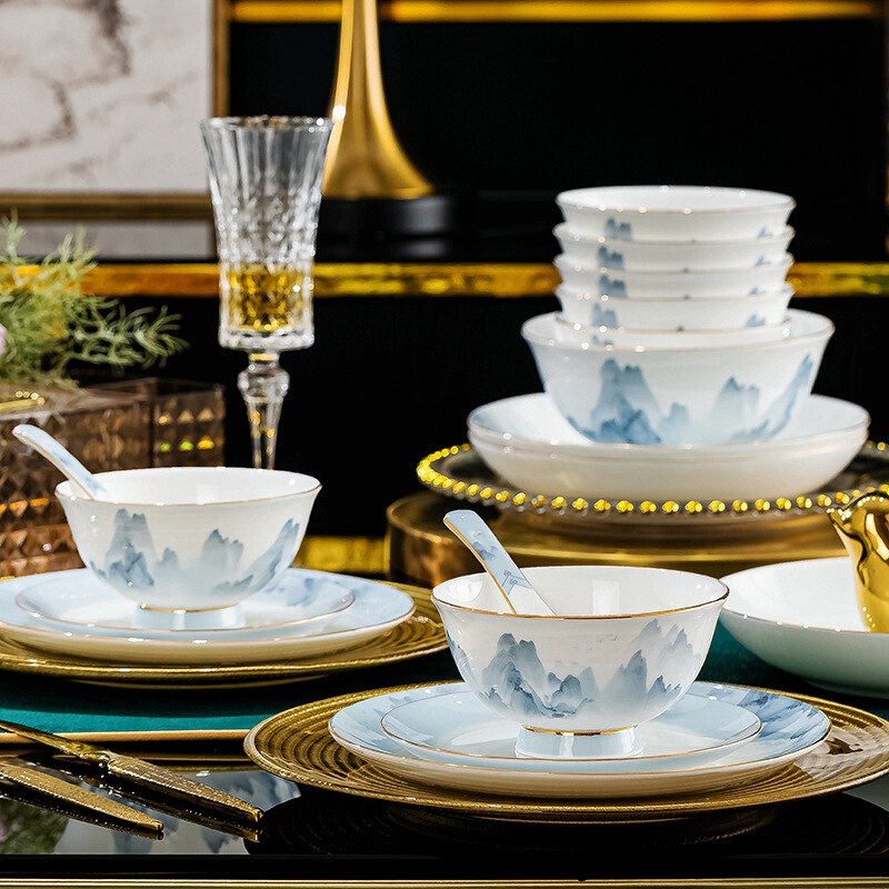 2025 New Bowl and Plate Set for Home Use, Tableware for Housewarming, Bone China Tableware, Jingdezhen Chinese-Style Ceramic Bowls and Plates