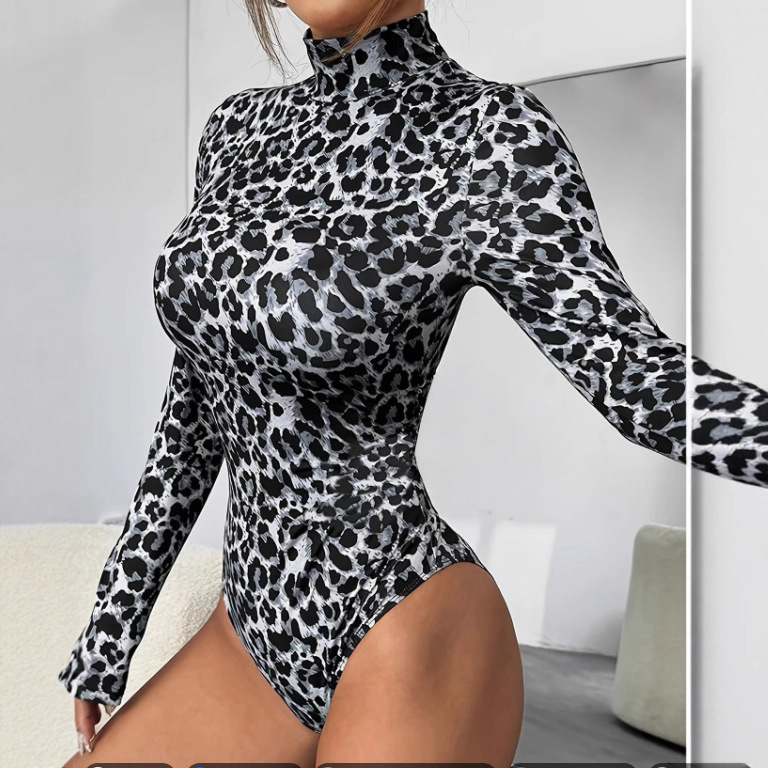 2025 Cross-Border European and American Women's Bodysuit Leopard Print Long Sleeve High Neck Plaid Base Bodysuit