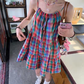 甜美多巴胺宽松夏季新款ins风韩版彩虹格子吊带裙女装少女连衣裙