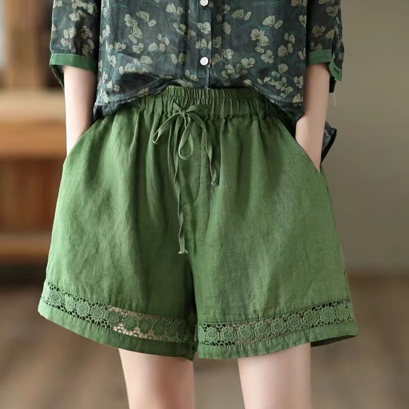 Summer Thin Linen Shorts Women's Vintage Hollow Lace Loose Waist Casual Pants All-match Wide-leg Cotton Linen Pants
