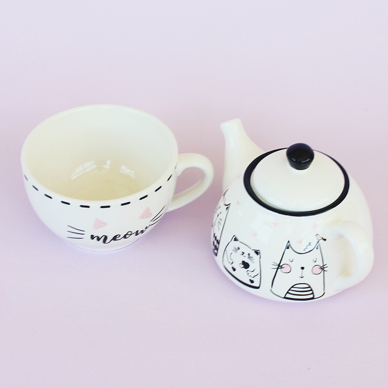 Francia romántico lindo gato europeo blanco y negro tetera de cerámica regalo de té para el hogar taza de decoración con set de tetera