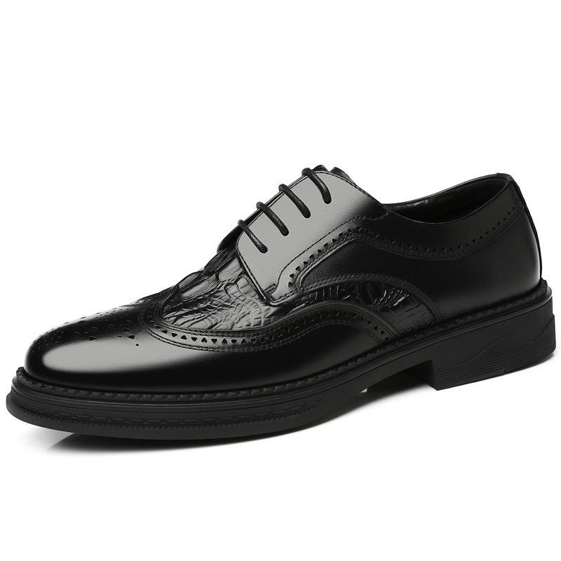 Giày da nam da bò thật kiểu Oxford Brogue Anh, đế thấp, dây buộc, dễ phối đồ công sở và đi tiệc cưới — Màu nâu, Màu đen, Màu đen lót nhung