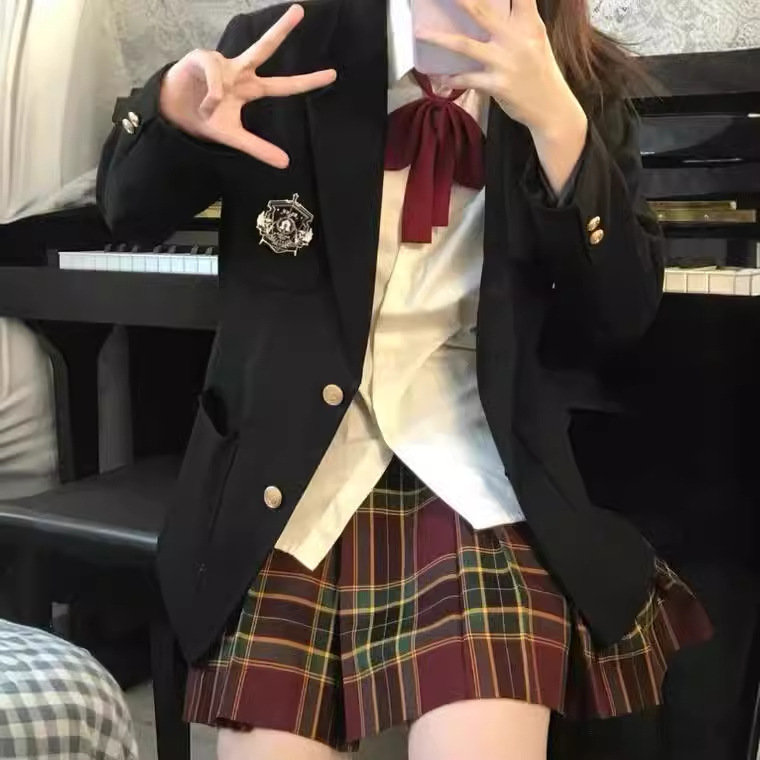 日系学院风jk制服校供感西服套装正版全套秋冬黑色西装学生外套女