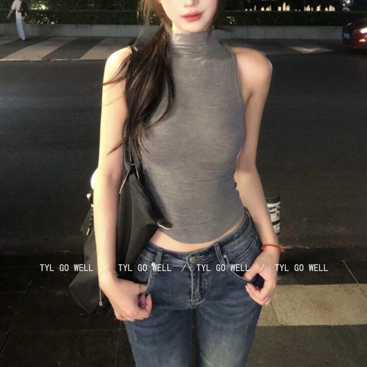 Gray Half-High Collar Camisole for Women 2026 Summer New Style Hot Girl Elastic Slim Fit Sleeveless Top for Outerwear