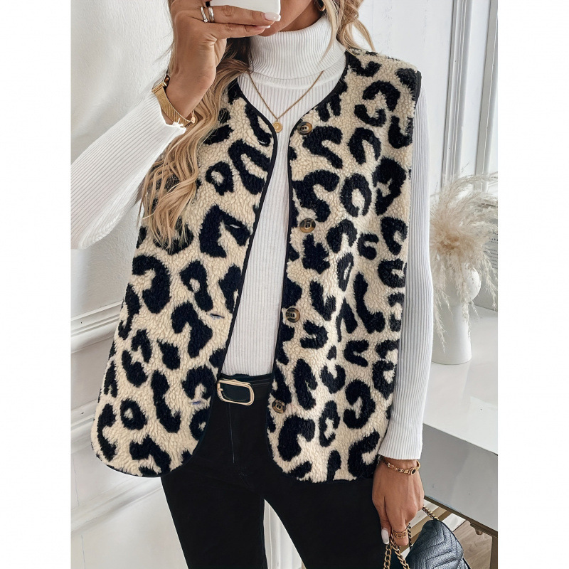 2026 Autumn and Winter Amazon Cross-Border European and American New Leopard Print Front-Button Plush Fashion Vest