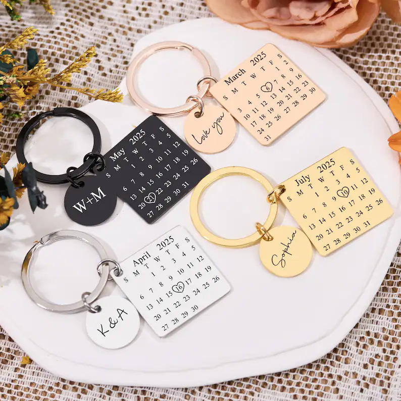 Stainless Steel Personalized Calendar Keychain with Laser-Engraved Text, Key Ring, Anniversary Date Gift Pendant Stainless Steel Personalized Calendar Keychain with Laser-Engraved Text, Key Ring, Anniversary Date Gift Pendant