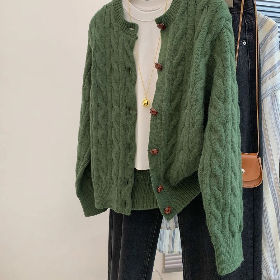 绿色麻花短款针织衫开衫女夏季夏韩系慵懒风宽松上衣毛衣