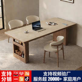 实木储物岩板餐桌奶油中古风家用小户型餐厅简约多功能吃饭桌子