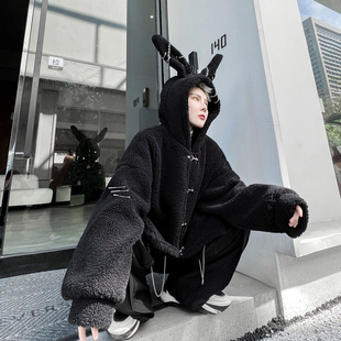 2023 Winter Metal Decoration Men's Loose Hooded Lamb Wool Cotton Jacket Two Colors Kk2131/5195