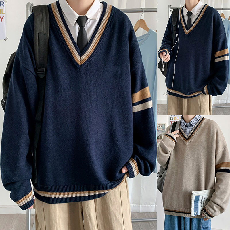 Autumn and Winter New Men's Knit Sweater V-Neck Color-Blocking Layered College Style Japanese Jacket Foreign Trade Cross-Border Wholesale