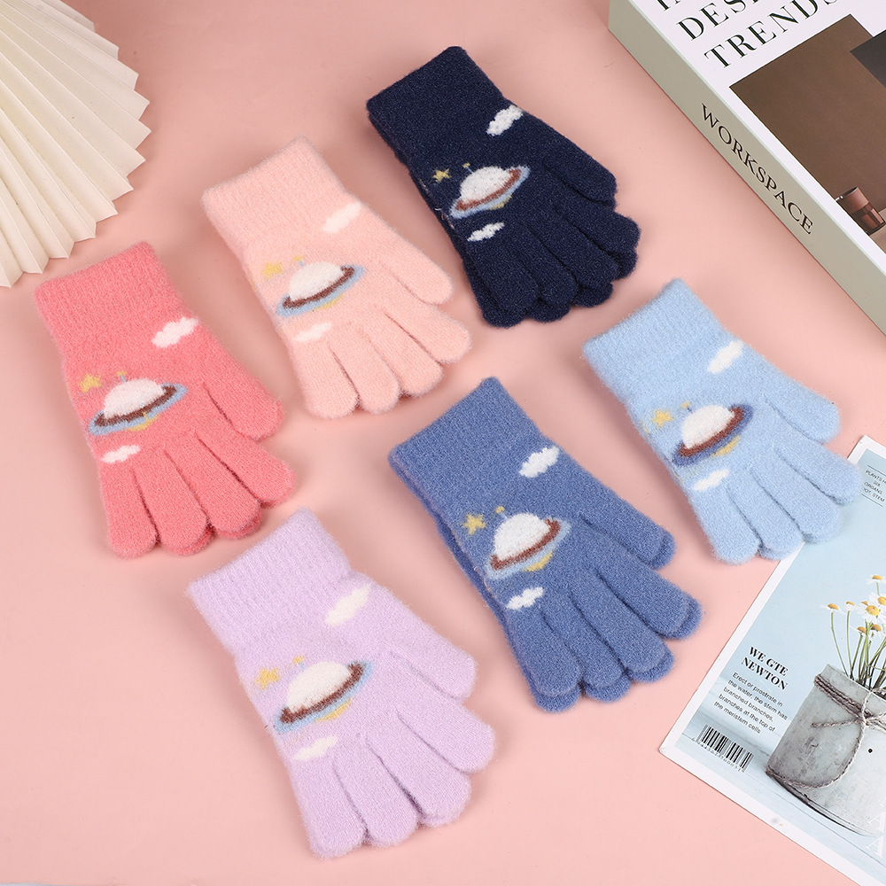 Children's Warm Gloves for Boys and Girls Aged 7-12, Winter Cartoon Knitted Five-Finger Plush Anti-Cold Winter Gloves for Men and Women