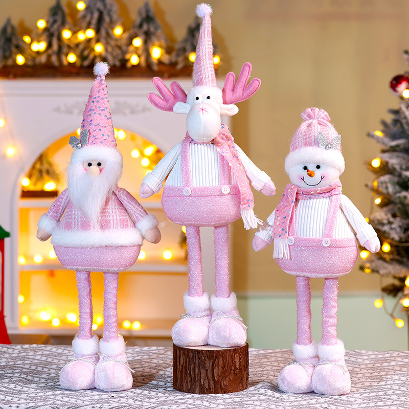 热卖圣诞节粉色站立公仔摆件圣诞伸缩老人雪人装饰品站立玩偶
