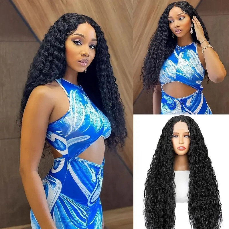 Wig Amazon Front Lace Synthetic Fiber Wig Black Hand-Twisted Small Curls Long Curly Hair Black Long Curly Hair