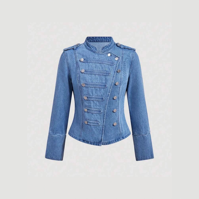 Cross-border diagonal button slim-fit short denim jacket, European and American court style retro stand-up collar military-style denim coat Cross-border diagonal button slim-fit short denim jacket, European and American court style retro stand-up collar military-style denim coat