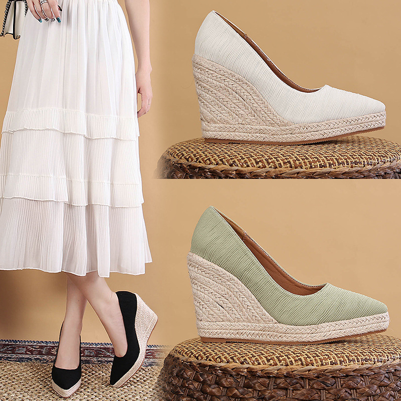 AliExpress Cross-border Spring and Autumn New Wedge Thick Bottom Shallow Mouth Pointed Shoes Women's Straw Wove Hemp Rope Bottom Foreign Trade Large Size Shoes