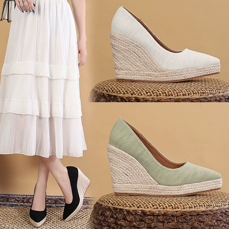 Трансграничные туфли AliExpress на весну и осень, новые туфли на танкетке с мелким острым носком на толстой подошве, женская обувь больших размеров из Соломенного плетения, обувь для внешней торговли