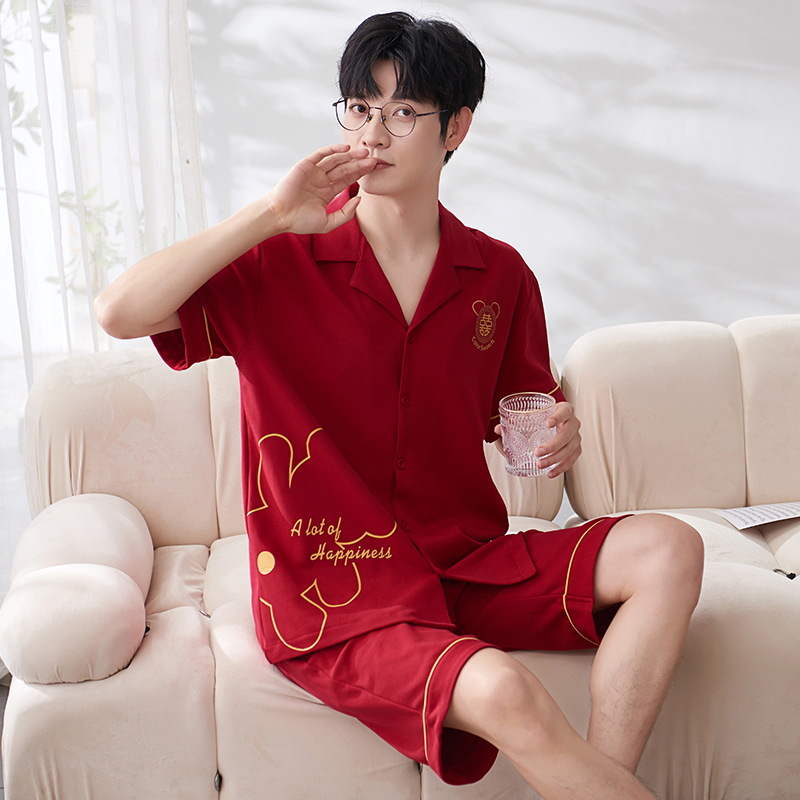 Pijamas de verano Algodón puro noble cardigan manga corta boda festiva rojo brillante desgaste hogar nacimiento año primavera y otoño traje