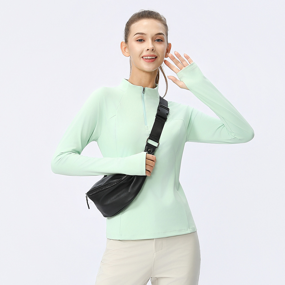 lulu camisa deportiva de yoga, cuello de mujer, delgado, medio cremallera, mangas largas desnudas, secado rápido, ropa de ejercicio al aire libre