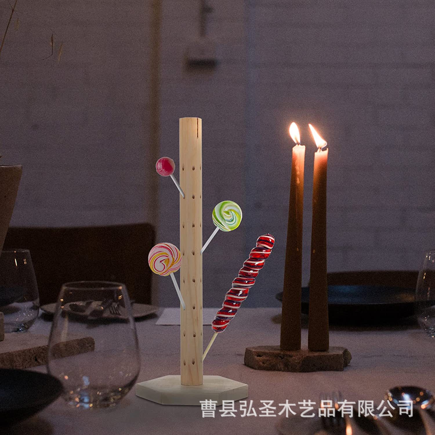 Estante de exhibición de piruletas de madera con orificio redondo enchufable Estante de caramelos confitados de madera Estante de almacenamiento de madera