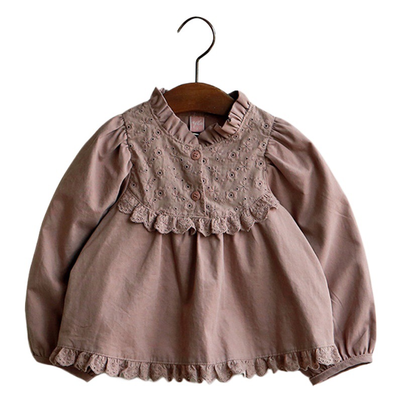 2024 primavera nueva fresa Corea del Sur niños niña Niña de algodón encaje corte estilo camisa manga larga en stock