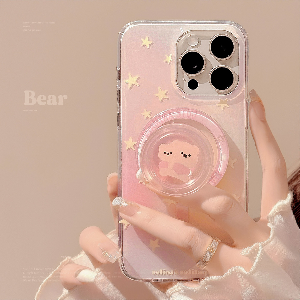 Soporte magnético IMD de doble capa 17pro max con diseño de oso estrella en degradado rosa, compatible con fundas para iPhone 14, 13 y 16, ideal para dropshipping.