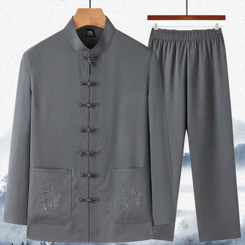 Tang Suit Men's Long-sleeved Middle-aged and Elderly New Chinese-style Hanfu Spring and Summer Dad Suit Shirt Grandpa Shirt Tai Chi Suit