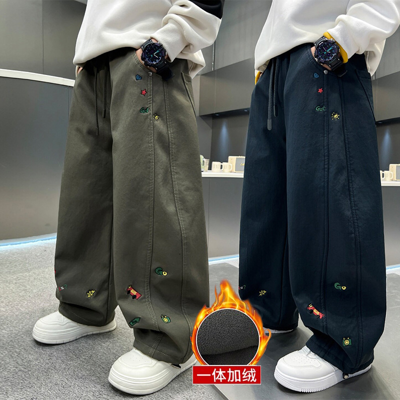 Boys' fleece-lined pants, autumn and winter style, thickened, warm, versatile, casual, loose-fitting long pants, children's sweatpants