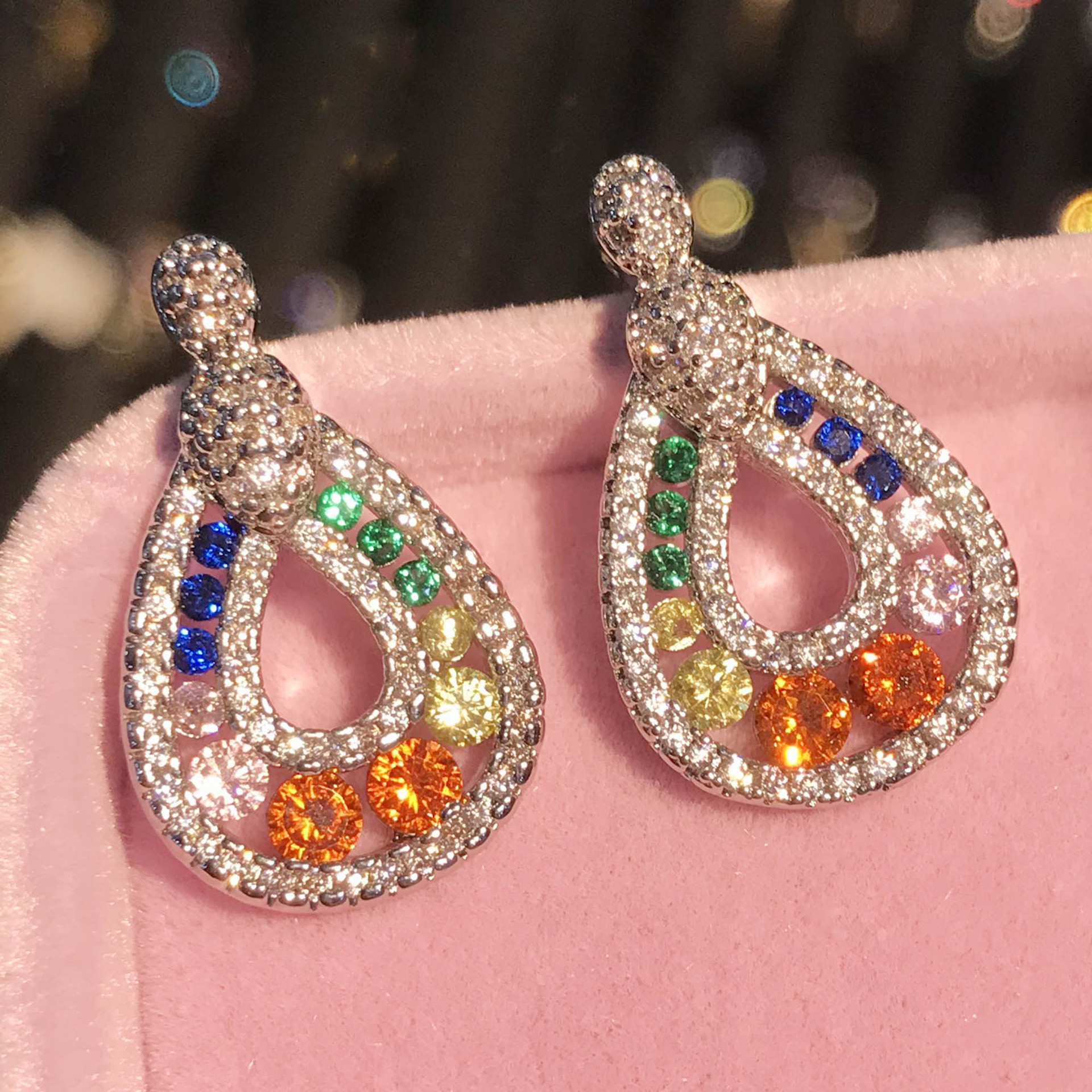 New Colorful Simulation Tourmaline Earrings Design Full Of Diamond Droplets Pear-shaped Rainbow Color Earrings display picture 1