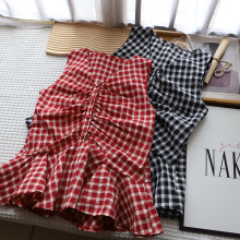 [比正]2025夏季新品韩版格子V领气质减龄抽褶收腰无袖衬衫女4159