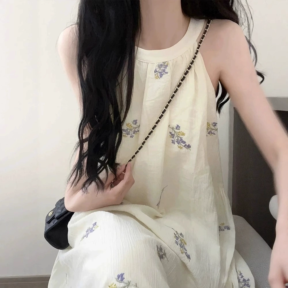 Платье без рукавов с воротником на бретельках для отдыха на море для женщин, лето 2024, новая элегантная длинная юбка с французским цветочным принтом