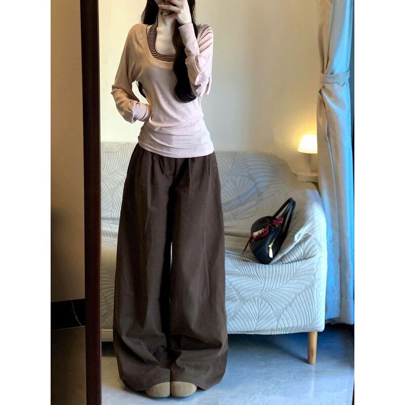 Rose Keli Spring New Korean Style Pure Desire Striped Halter Neck Top and Wide-Leg Pants Fashion Set
