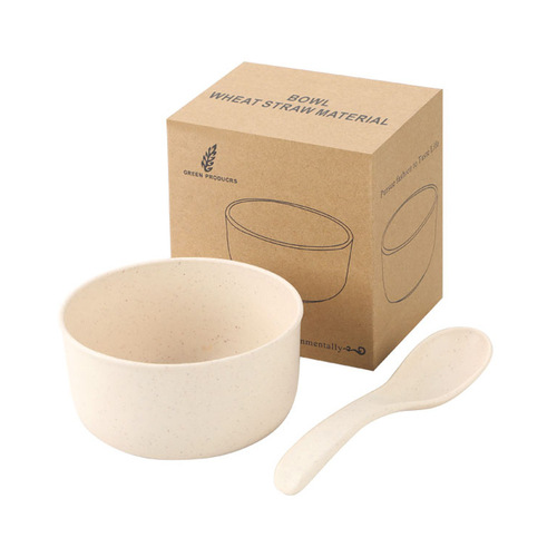 Wholesale wheat straw bowl and spoon set for home use, children's rice bowl, soup bowl, cereal bowl promotional gift bowl with logo print