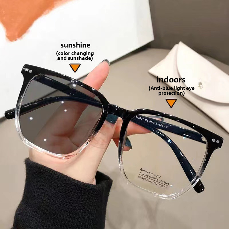 New anti-blue light color changing myopia glasses 15927 plain large frame retro color changing glasses frame tea myopia glasses