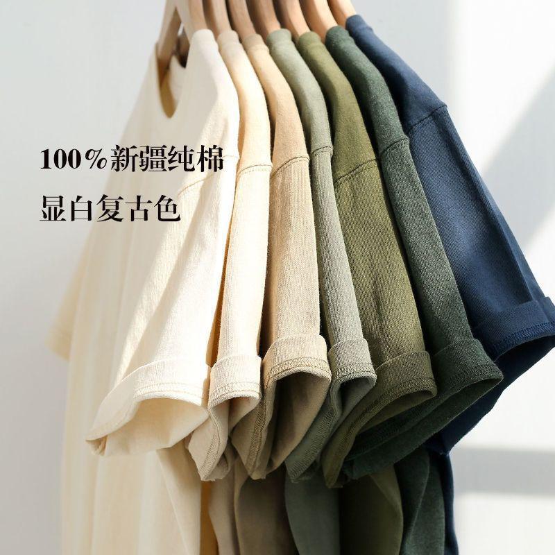 Pure cotton heavyweight 260g loose bottoming shirt casual basic short sleeve T-shirt retro solid color round neck Japanese men