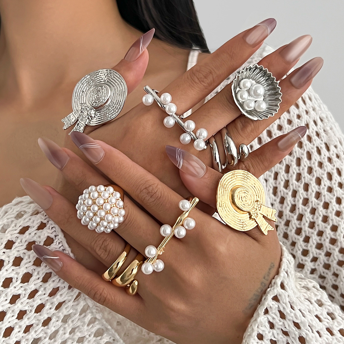 10g Weight Rings Classification Adjustable Ring Size 1 Piece Quantity Holiday Occasion Imitation Pearl, Alloy Material Waves, Flower Pattern 2025 Spring and Summer Season Women's Gender Plating Design Glam, Exaggerated Style Glam Exaggerated Waves Flower Imitation Pearl Alloy Plating Women's Rings 7