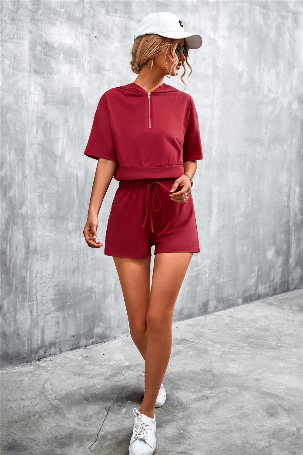 zipper solid color hooded casual short sleeve loose top and shorts suit NSLNZ136908