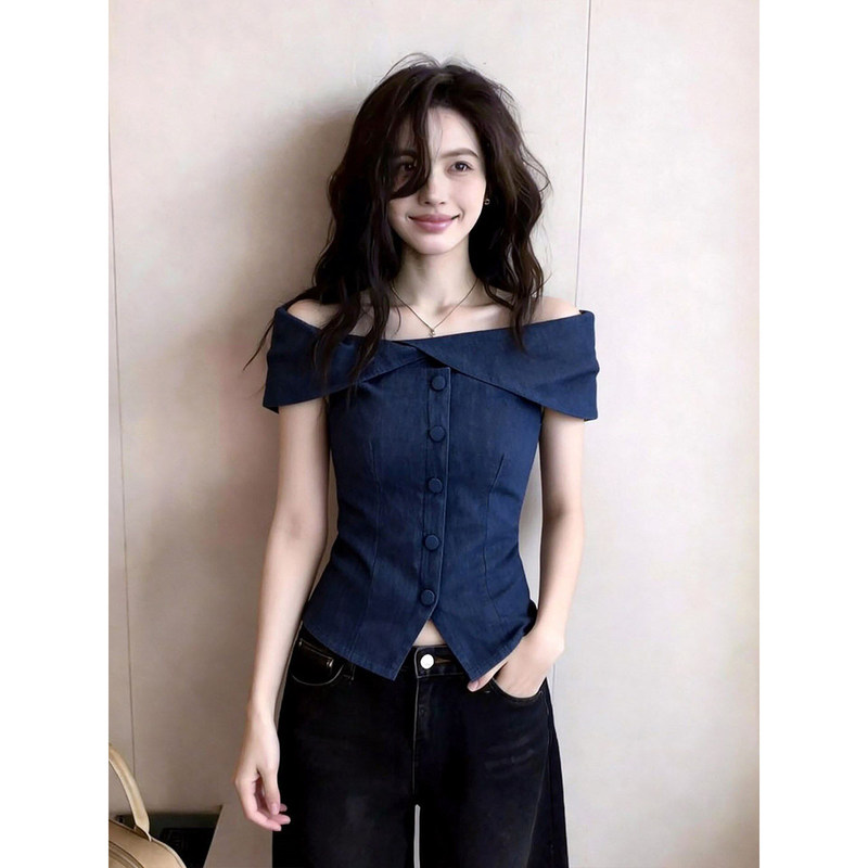 French-Style Vintage Deep Blue Denim Shirt for Women, Unique Design, Off-Shoulder Top, Summer Thin Trendy Style