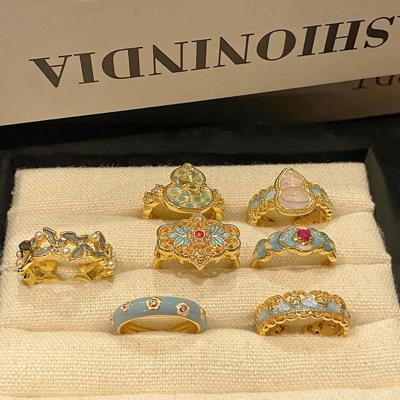 中古輕奢百搭精緻滴油指環新中式國潮風琺瑯燒藍蕾絲葫蘆開口戒指