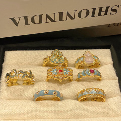 中古輕奢百搭精緻滴油指環新中式國潮風琺瑯燒藍蕾絲葫蘆開口戒指