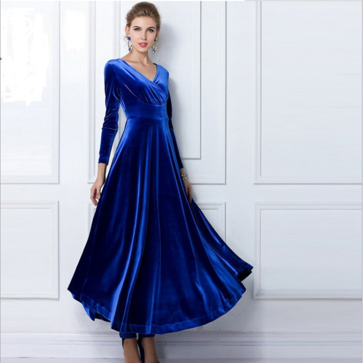 European and American Hot-Selling Amazon Women's Long-Sleeved Dress Gold Velvet Maxi Dress V Neck Dress