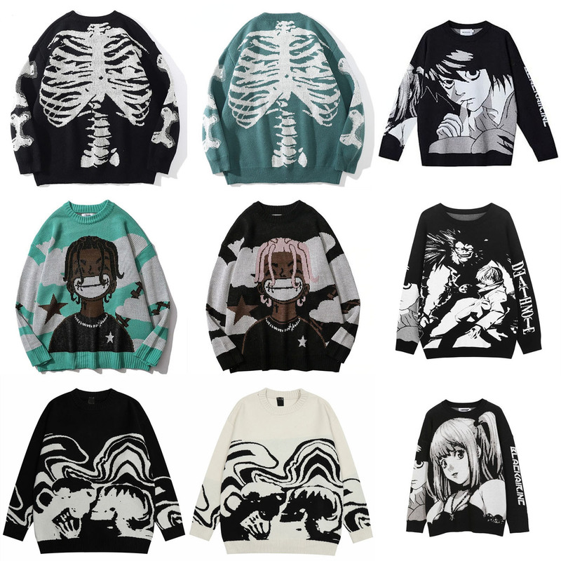 Japanese Style Abstract Pattern Jacquard Sweater Trendy Brand Loose Casual Lazy Style Winter Round Neck Long Sleeve Sweater for Men and Women