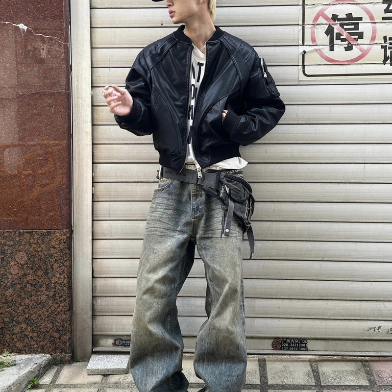 American Retro Burgundy Pu Leather Short Jacket for Men and Women Bomber Street Couple Flight Jacket Baseball Uniform American Retro Burgundy Pu Leather Short Jacket for Men and Women Bomber Street Couple Flight Jacket Baseball Uniform