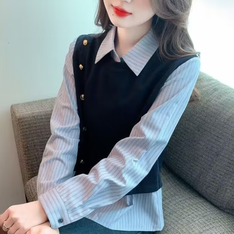 2025早秋新款大码女装条纹衬衫拼接上衣洋气显瘦假两件打底衬衣女|undefined