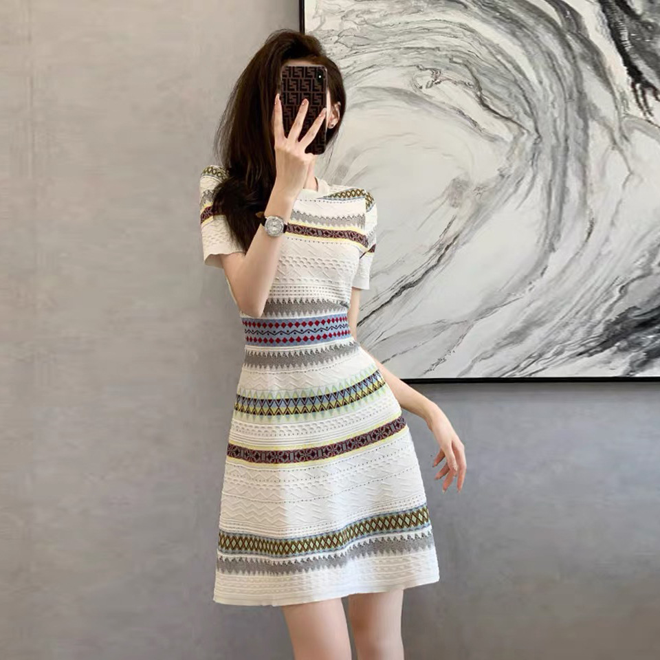Váy dệt kim ngắn tay phong cách nữ thần sang trọng — màu xanh chi tiết 3