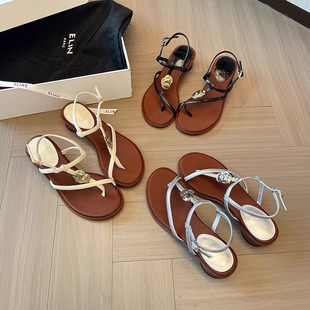 Fashionable Sandals for Women 2025 New Thin Strap Thong High Heel Sandals Summer Vacation Style Metal Buckle Thick Heel Roman Shoes