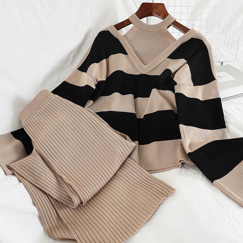 M739 Hong Kong Style Ins Elegant Suit Halterneck Stripesd Sexy Knitwear Straight Slim Wide Leg Pants Two-Piece Set