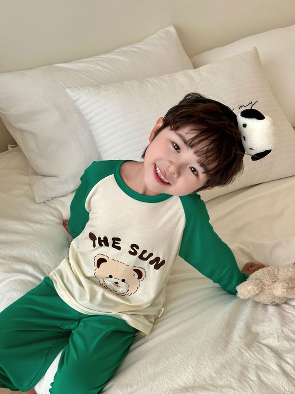 子供用モーダルホーム服セット、男の子と女の子用、夏用薄手パジャマ、中型および大型子供用韓国風長袖空調服|undefined