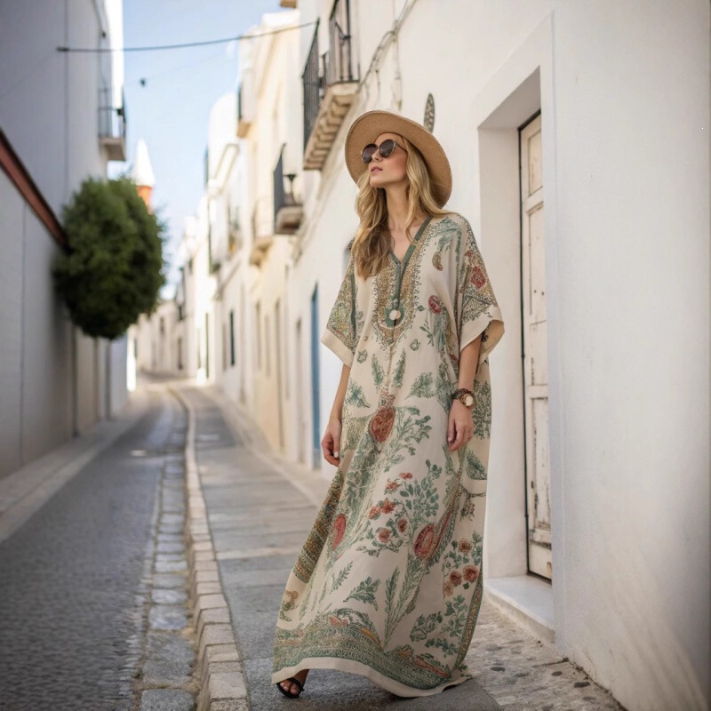 Cross-Border New Model Amazon European and American Cross-Border 3D Digital Print V-Neck Half-Sleeve Long Kaftan Dress for Autumn and Winter Cross-Border New Model Amazon European and American Cross-Border 3D Digital Print V-Neck Half-Sleeve Long Kaftan Dress for Autumn and Winter